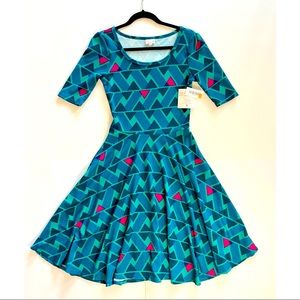 NWT LulaRoe Green Geo-print Nicole Dress